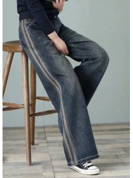 Loose Denim Blue High Waist Pockets Cotton Wide Leg Pants For Women Spring