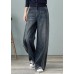 Loose Denim Blue High Waist Pockets Cotton Wide Leg Pants For Women Spring