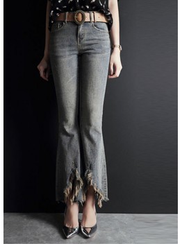 Fashion Light Blue Asymmetrical Pockets Cotton Denim Flare Pants Summer