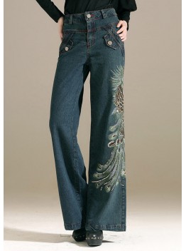 Chic Denim Blue Sequins Embroideried Pockets Cotton Wide Leg Pants Summer