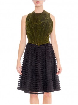 MORPHEW ATELIER Black & Green Silk Cotton Velvet Dress With Ruffled Tulle Skirt