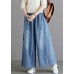 Organic Light Blue Elastic Waist Pockets Cotton Wide Leg Denim Pants Spring