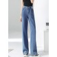 Modern Blue High Waist Zip Up Pockets Plaid Cotton Wide Leg Pants Trousers Summer