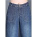 Fitted Navy High Waist Draping Pockets Cotton Denim Wide Leg Pants Summer