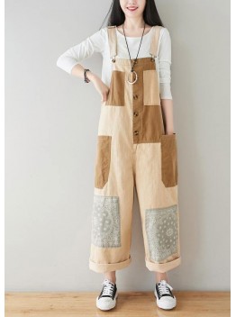 Boho Beige Patchwork Jeans Jumpsuit