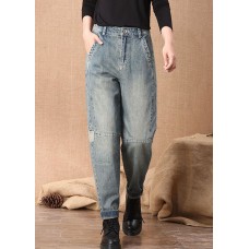 Casual Blue High Waist Button Pockets Patchwork Cotton Denim Pants Summer