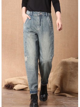 Casual Blue High Waist Button Pockets Patchwork Cotton Denim Pants Summer