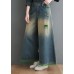 Plus Size Blue High Waist Hole Pockets Tassel Cotton Denim Wide Leg Pants Spring