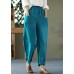 Fashion Peacock Blue Elastic Waist Patchwork Linen Harem Pants Summer