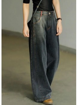 Casual Black High Waist Zip Up Draping Pockets Cotton Denim Wide Leg Pants Summer
