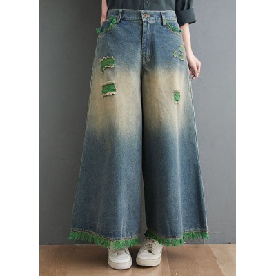 Plus Size Blue High Waist Hole Pockets Tassel Cotton Denim Wide Leg Pants Spring