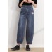 Simple Blue Grey High Waist Patch Zip Up Pockets Cotton Denim Pants Summer