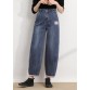 Simple Blue Grey High Waist Patch Zip Up Pockets Cotton Denim Pants Summer