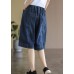 Plus Size Blue Elastic Waist Pockets Patchwork Cotton Denim Half Pants Summer