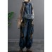 Women Denim Blue Elastic Waist Embroideried Pockets Cotton Harem Pants Spring