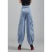 Fashion Light Blue Pockets Patchwork Cotton Denim Lantern Pants Trousers Spring