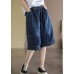 Plus Size Blue Elastic Waist Pockets Patchwork Cotton Denim Half Pants Summer