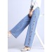 Natural Light Blue Embroideried Pockets Draping Cotton Women's Straight Pants Spring