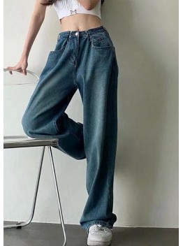 Modern Blue High Waist Draping Pockets Cotton Denim Wide Leg Pants Summer