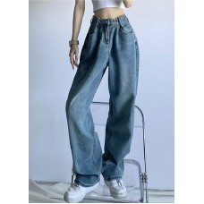 Chic Vintage Blue High Waist Draping Cotton Denim Wide Leg Pants Summer