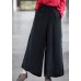 Boho Black Elastic Waist Side Open Double-deck Linen Wide Leg Pants Summer