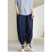 Women Navy Solid Elastic Waist drawstring Pockets Cotton Denim Beam Pants Summer