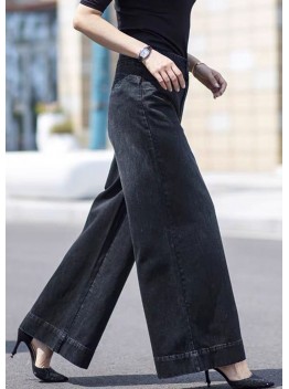 Boutique Black Pockets Draping Cotton Denim Straight Pants Spring