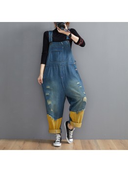 Style Denim Blue Pant Plus Size Spring Hole Jumpsuit Pants