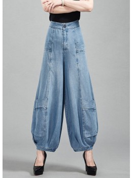 Fashion Light Blue High Waist Pockets Cotton Denim Lantern Pants Summer