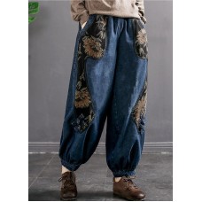 Women Denim Blue Elastic Waist Embroideried Pockets Cotton Harem Pants Spring