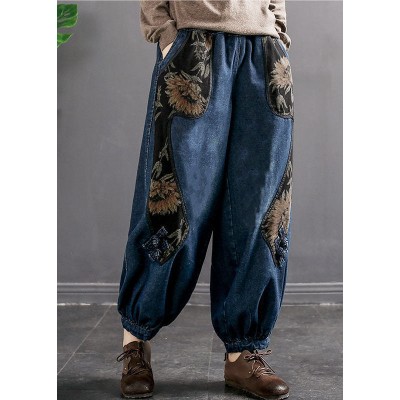 Women Denim Blue Elastic Waist Embroideried Pockets Cotton Harem Pants Spring