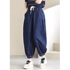 Women Navy Solid Elastic Waist drawstring Pockets Cotton Denim Beam Pants Summer