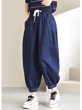 Women Navy Solid Elastic Waist drawstring Pockets Cotton Denim Beam Pants Summer