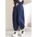 Women Navy Solid Elastic Waist drawstring Pockets Cotton Denim Beam Pants Summer