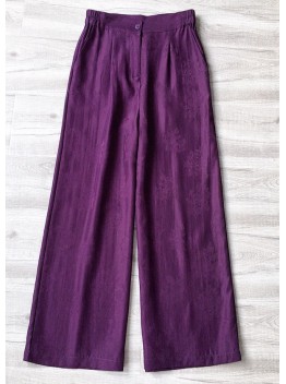 Fashion Purple Elastic Waist Pockets Jacquard Silk Wide Leg Pants Summer