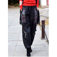 Vintage Black Grey Elastic Waist Embroideried Pockets Cotton Denim Harem Pants Spring