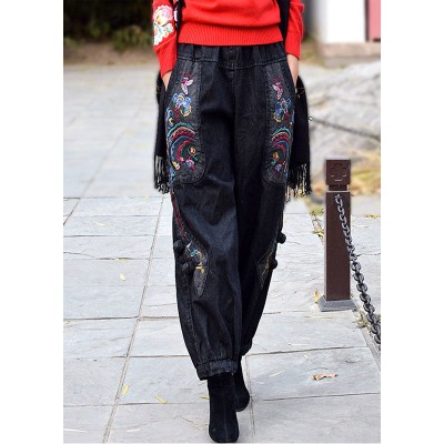 Vintage Black Grey Elastic Waist Embroideried Pockets Cotton Denim Harem Pants Spring