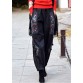 Vintage Black Grey Elastic Waist Embroideried Pockets Cotton Denim Harem Pants Spring