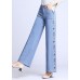 Natural Light Blue Embroideried Pockets Draping Cotton Women's Straight Pants Spring