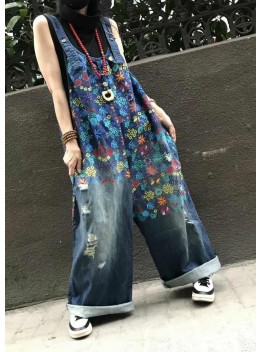 Boutique Print Blue Jeans Overall Jumpsuit