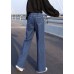 Plus Size Blue Elastic Waist Drawstring Draping Cotton Denim Wide Leg Pants Summer