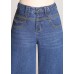 Unique Denim Blue High Waist Zip Up Pockets Draping Cotton Wide Leg Pants Summer