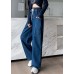 French Solid Navy Elastic Waist Big Pockets Cotton Wide Leg Pants Summer