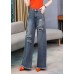 French Denim Blue High Waist Hole Embroideried Pockets Cotton Wide Leg Pants Spring