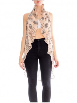 MORPHEW COLLECTION Blush Pink Silk Chiffon Scarf With Metallic Silver Sequins & Beads