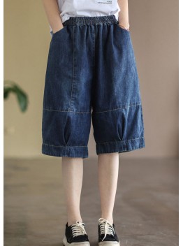 Plus Size Blue Elastic Waist Pockets Patchwork Cotton Denim Half Pants Summer
