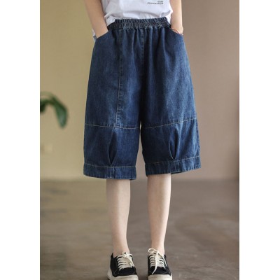 Plus Size Blue Elastic Waist Pockets Patchwork Cotton Denim Half Pants Summer