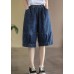 Plus Size Blue Elastic Waist Pockets Patchwork Cotton Denim Half Pants Summer