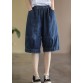 Plus Size Blue Elastic Waist Pockets Patchwork Cotton Denim Half Pants Summer