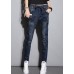 Fitted Navy Elastic Waist Drawstring Zip Up Pockets Flatering Cotton Jeans Spring